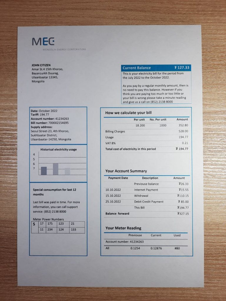 A4-format Mongolia MEC electricity utility paper example