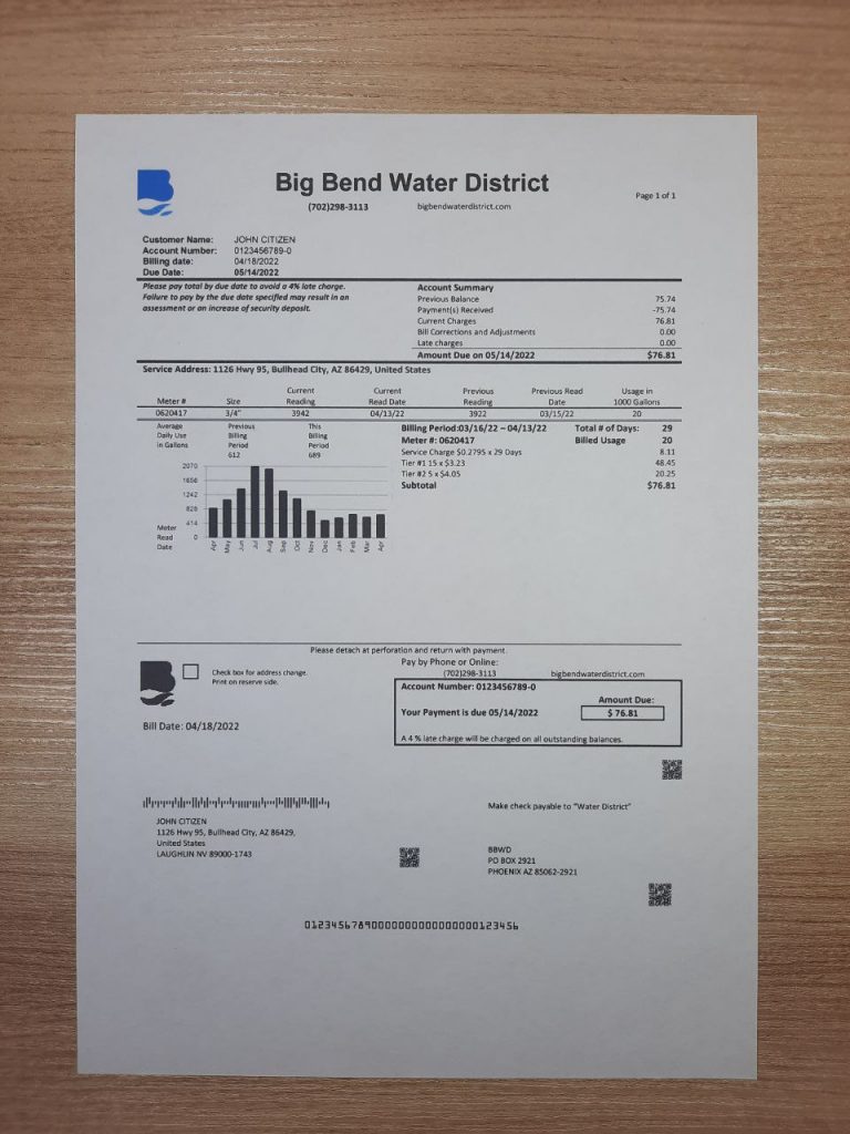 High-resolution image of Nevada Water District billing format