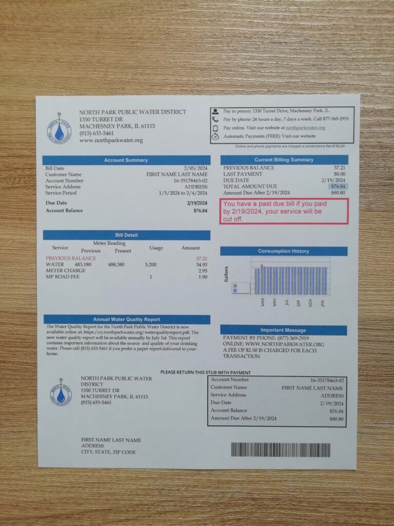 Template of North Park Public Water District Illinois utility file in physical form