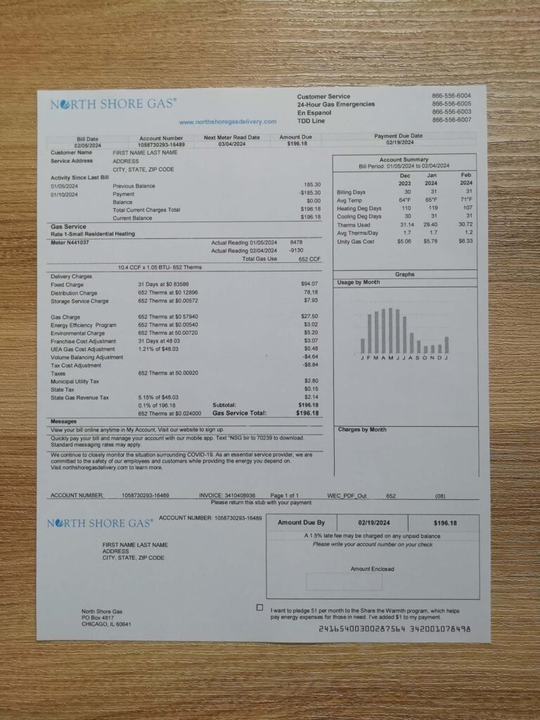Illinois North Shore Gas utility bill