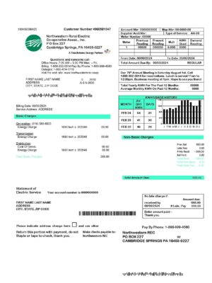 Pennsylvania Clean layout of Northwestern Rural Electric {utility type} bill – editable {State} version
