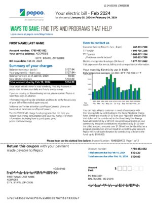 Editable {utility type} bill template – {State} PEPCO sample in PDF