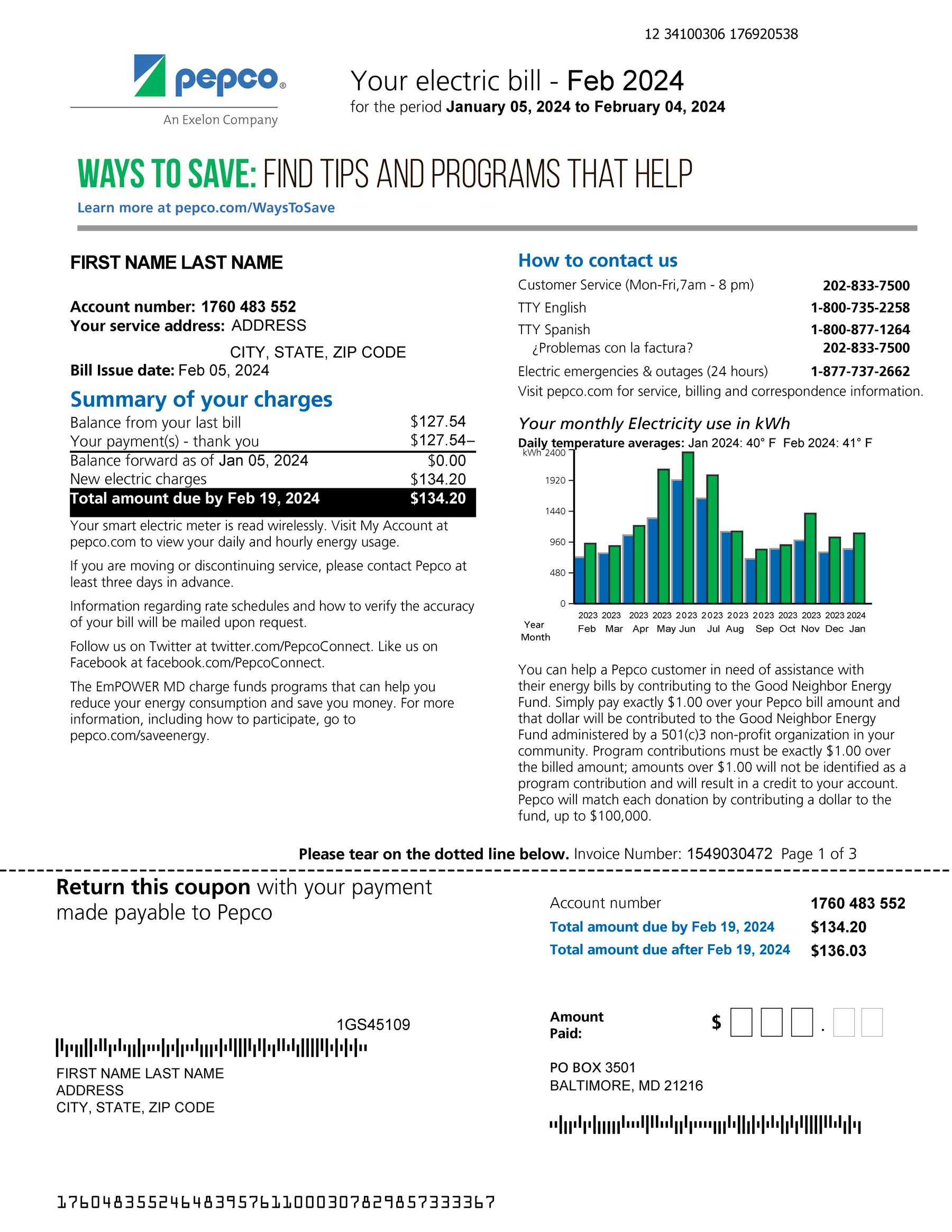 Editable {utility type} bill template – {State} PEPCO sample in PDF