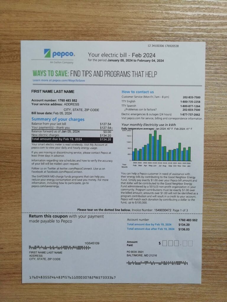 Sample proof of address from Maryland Pepco utility photo