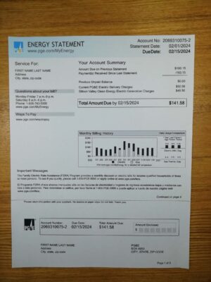Authentic printed PG&E bill from Oregon – proof of address example