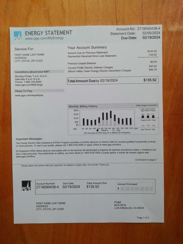 Scanned California pg&e bill document as proof of residence