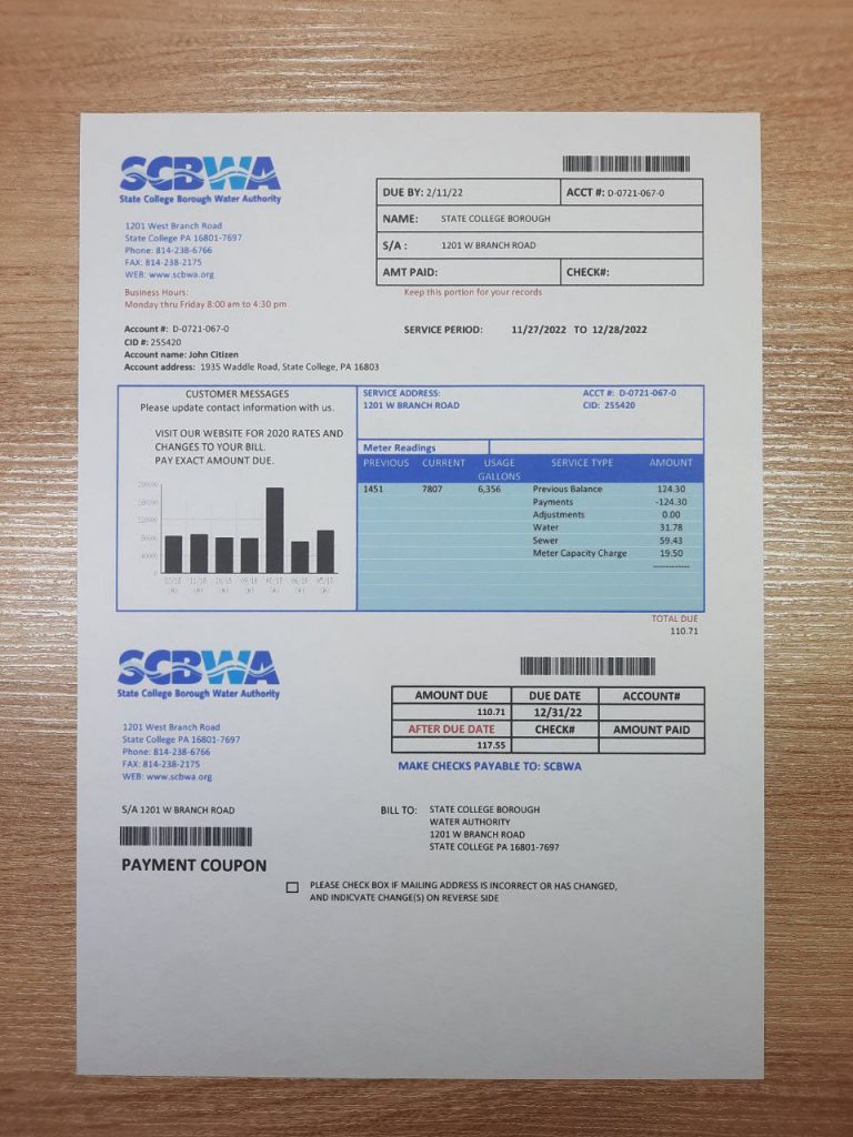 Template of Pennsylvania Pennsylvania SCBWA water bill utility file in physical form