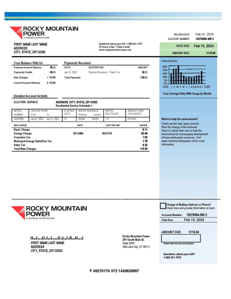 Utah Rocky Mountain Power A4 utility template – download and edit easily