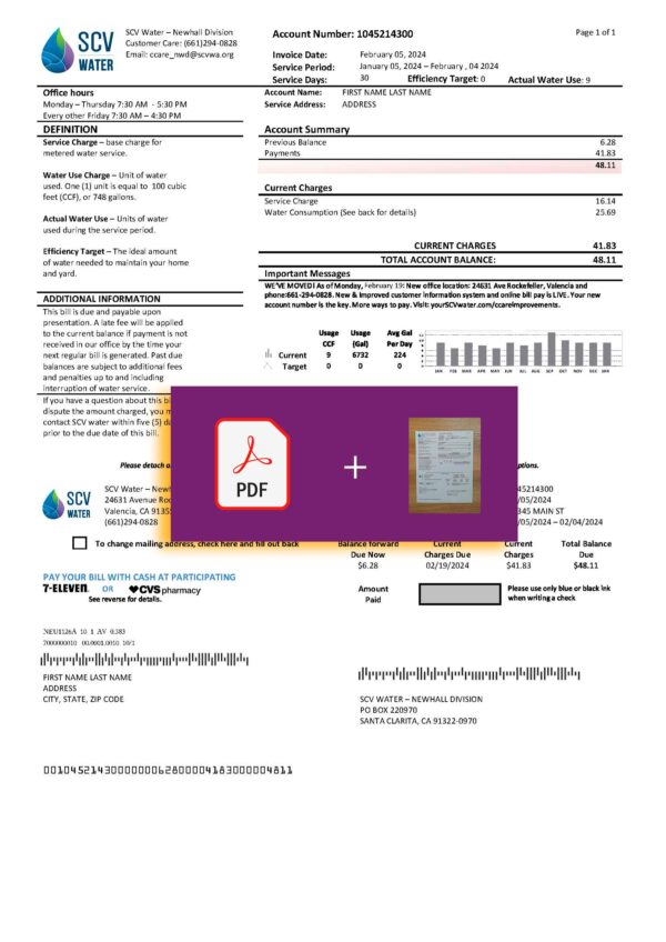 SCV Water Bill Template — Proof of Address | Santa Clarita, 24h