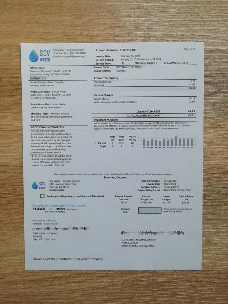 California SCV Water document-style utility statement image