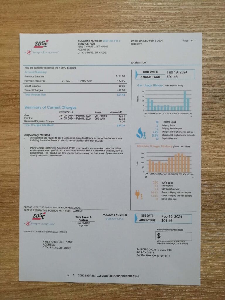 Utility bill template from California San Diego Gas & Electric (SDG&E) for legal use