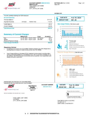 Editable electricity bill template – California SDG&E sample in PDF