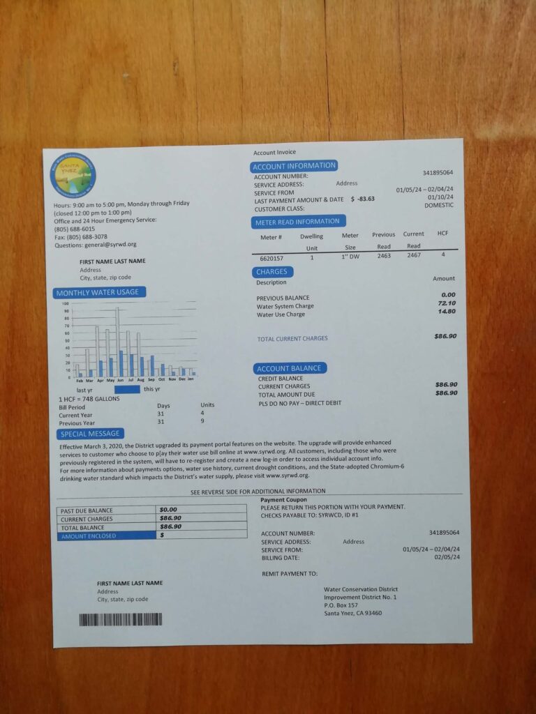 On-paper version of California Santa Ynez water billing file