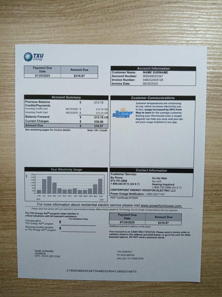 Authentic printed TXU Energy bill from Texas – proof of address example