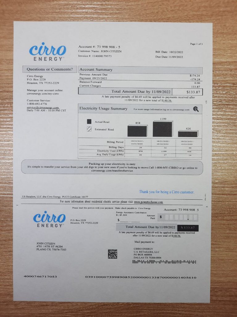 Texas Cirro Energy electricity bill generator