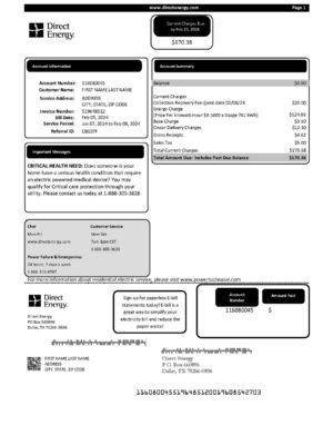 Editable {utility type} bill template – {State} Direct Energy sample in PDF