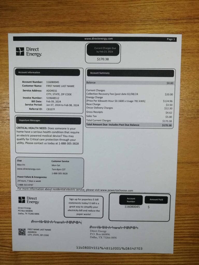 Direct Texas Energy bill example in print