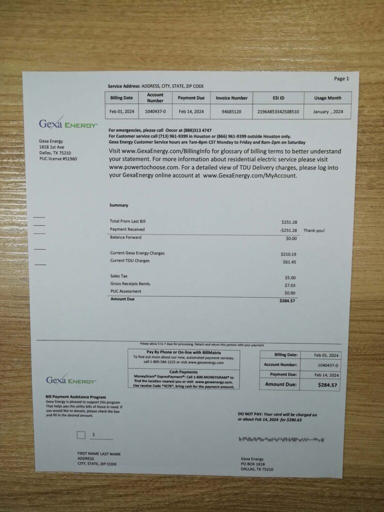Printed copy of Gexa Energy utility record