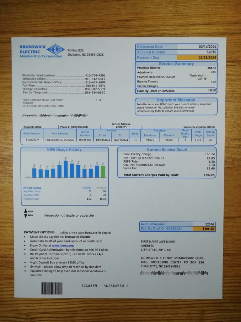 North Carolina Brunswick Electric energy bill example in print
