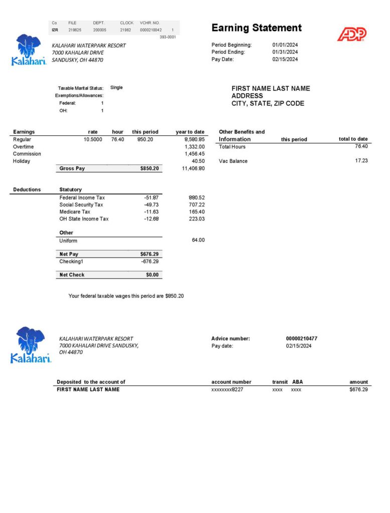 Kalahari Utility Bill Template — Proof of Address | Sandusky OH