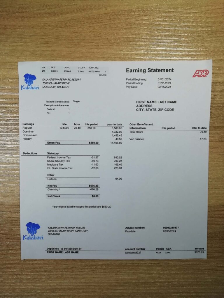 Kalahari Waterpark Resort bill printout example for address verification