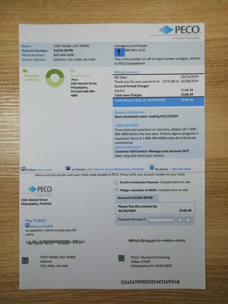 Pennsylvania PECO electricity bill preview in natural lighting