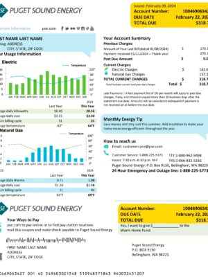 Editable electricity, gas bill template – Washington Puget Sound Energy sample in PDF