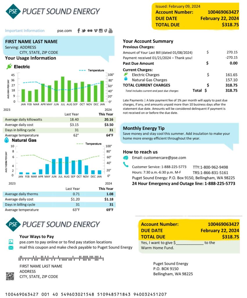 Editable electricity, gas bill template – Washington Puget Sound Energy sample in PDF