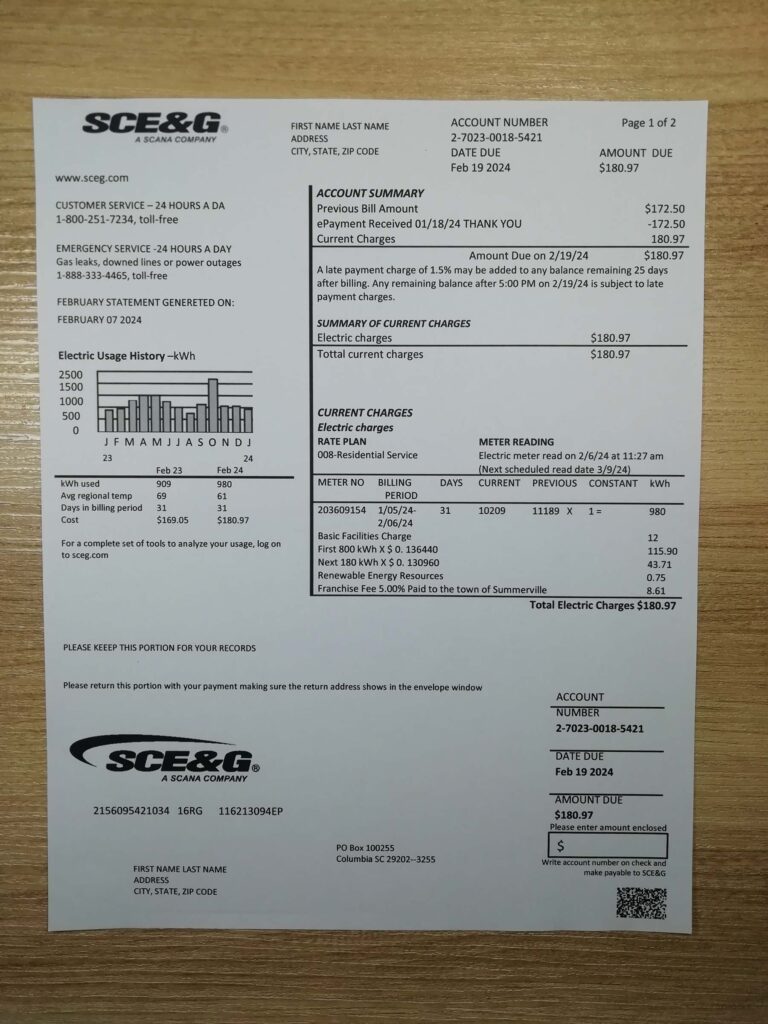 Photographed version of editable SCE&G electricity South Carolina invoice