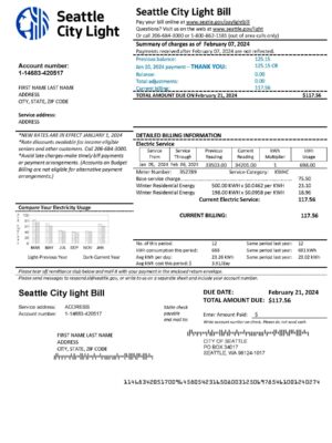 Light Clean layout of Seattle City Light {utility type} bill – editable {State} version