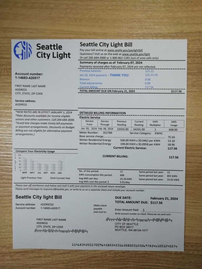 Printed Washington Seattle City Light Bill utility form captured in daylight