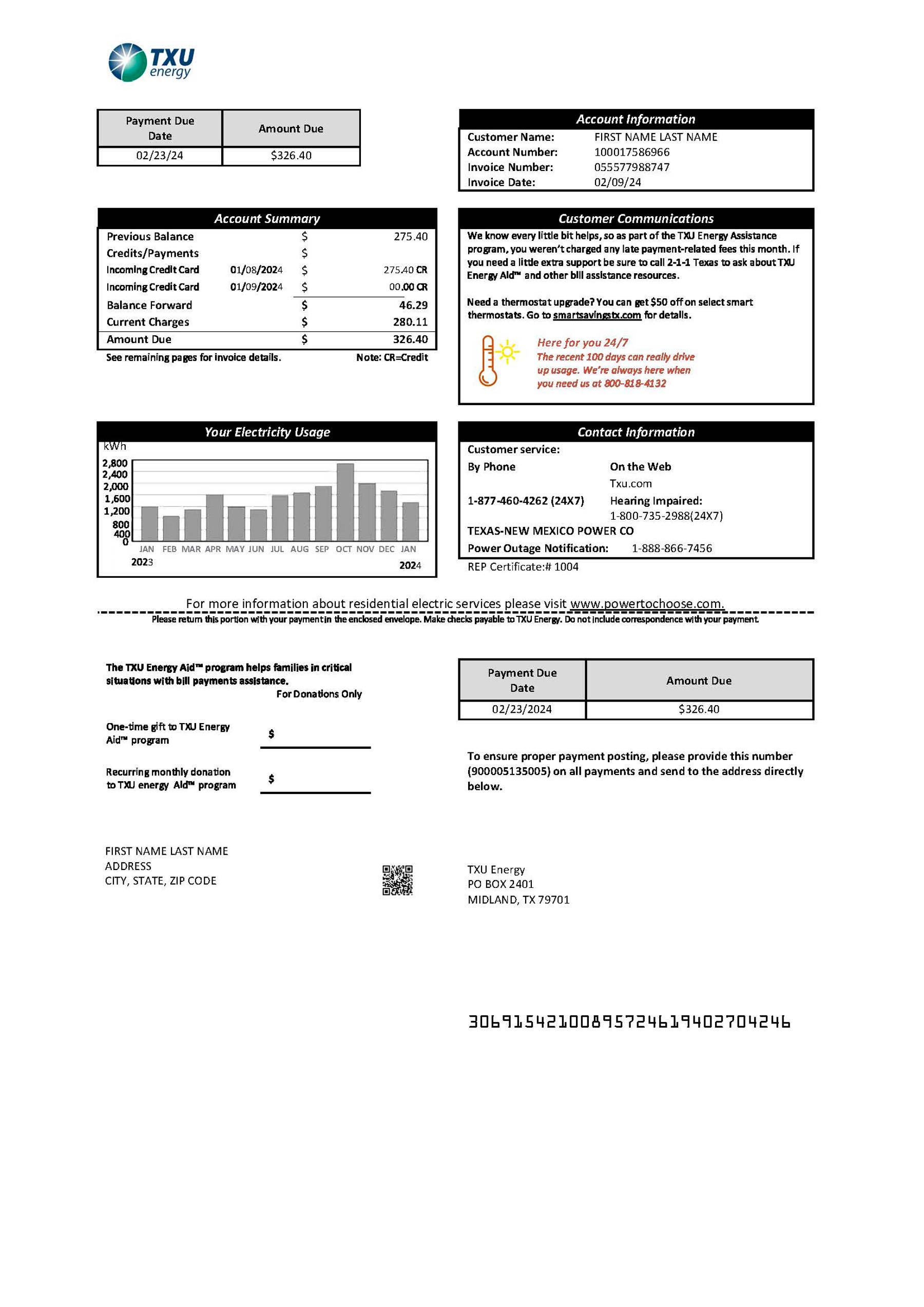 TXU Energy utility bill from Texas – customizable PDF for address proof