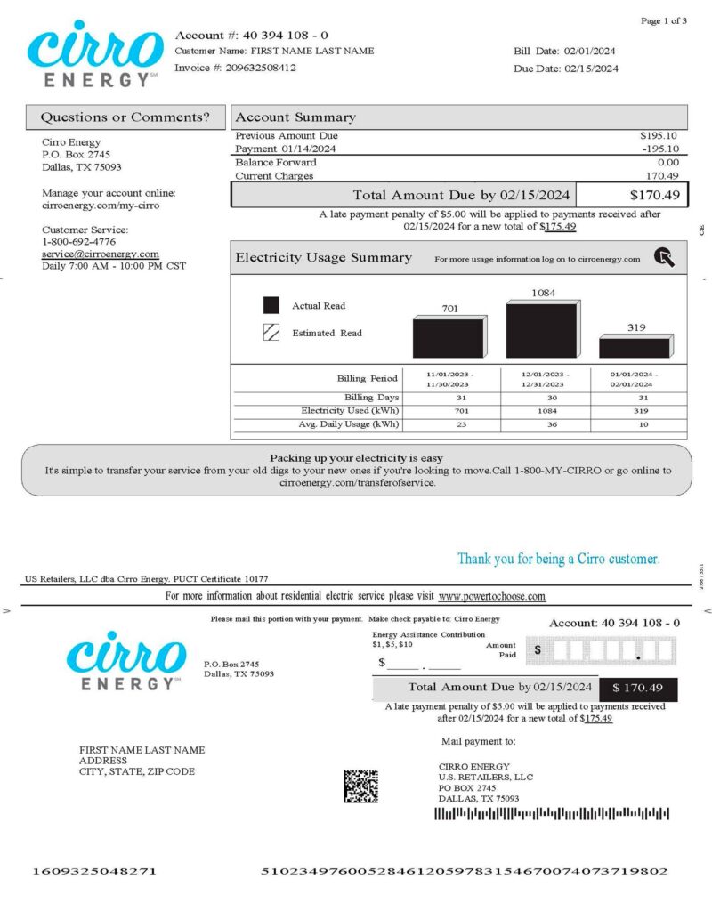 Texas Cirro Energy {utility type} statement from {State} – modifiable PDF template