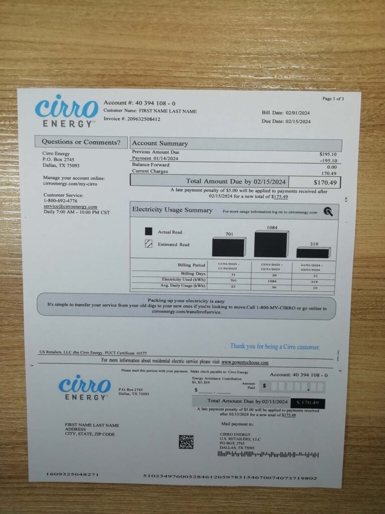On-paper version of Texas Cirro Energy customer bill