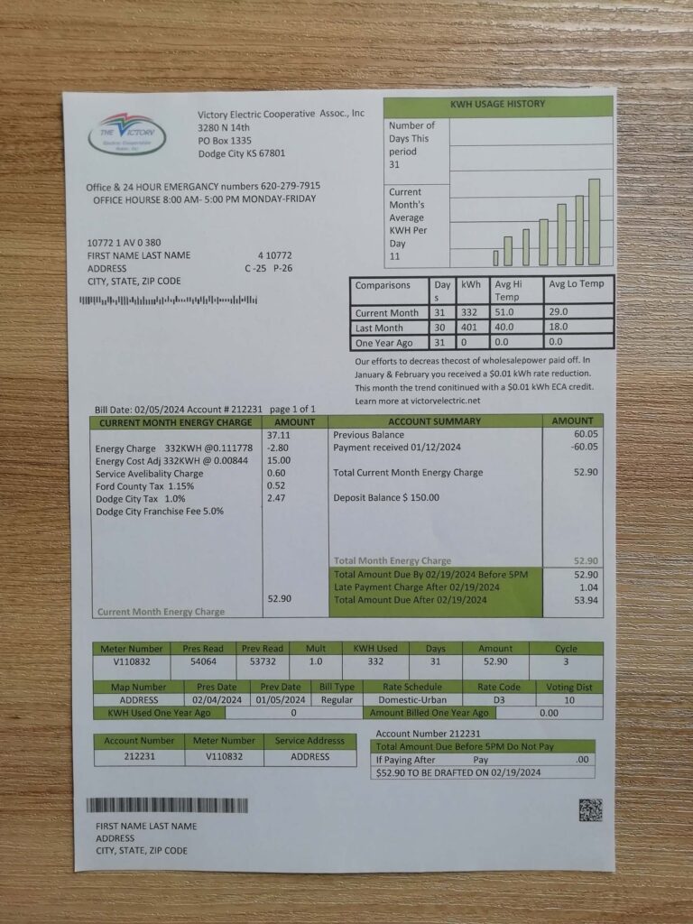Kansas Victory utility bill generator residential bill displayed on a table