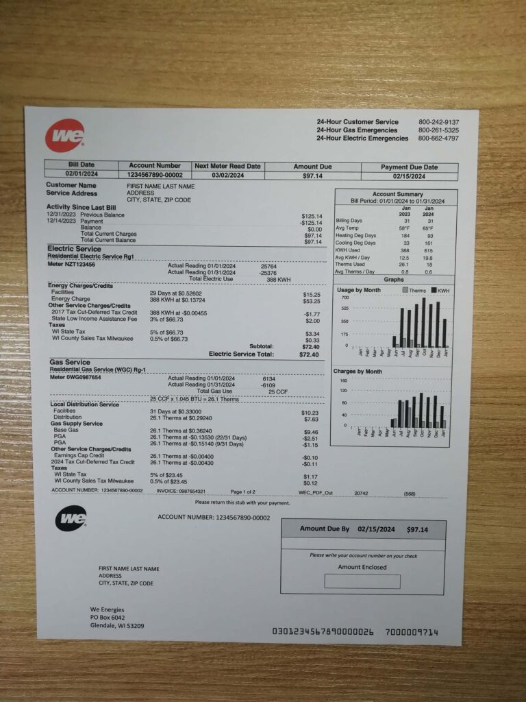 We Energies Wisconsin paper bill mockup for identity purposes