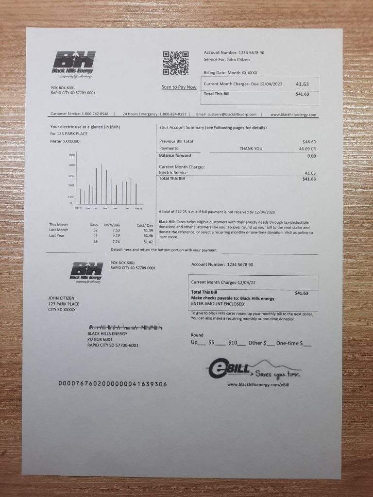 Sample proof of address from Black Hills Energy South Dakota utility photo