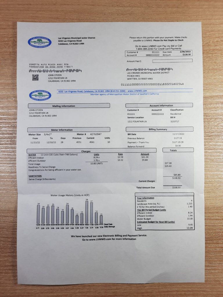 California Las Virgenes Municipal utility bill scanned for proof of residence