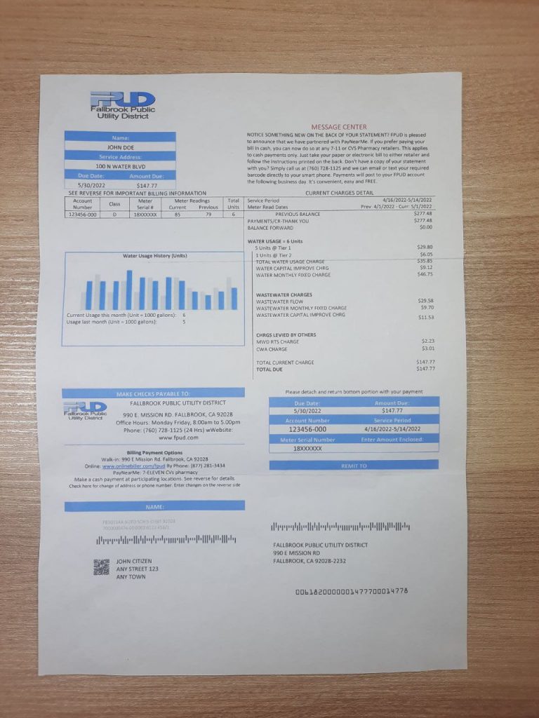 Visual example of FPUD bill from California region