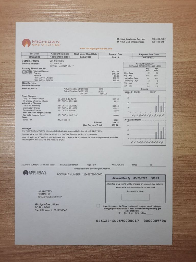 Michigan Gas Utilities bill printout example for address verification