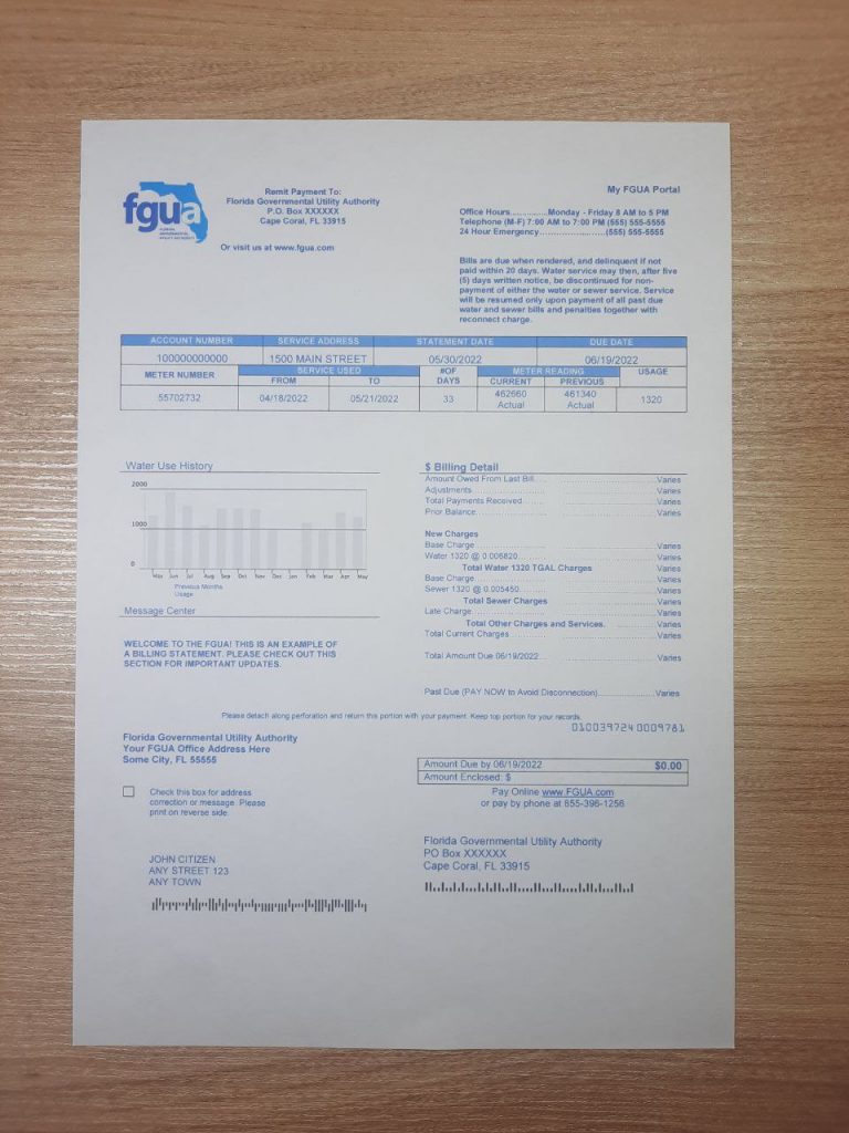 Printed copy of FGUA Florida statement for ID proof 