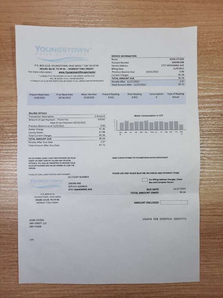 Editable Ohio Youngstown Water Departmen invoice template printed and pictured