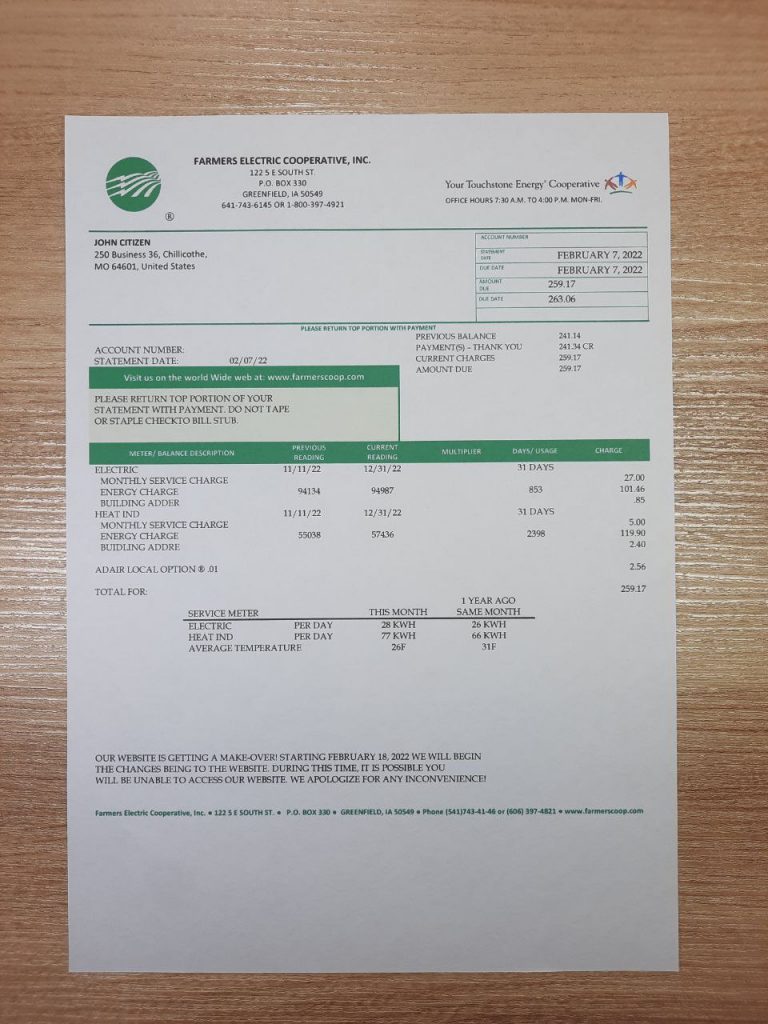 Visual representation of Ohio Farmers Electric Cooperative utility statement