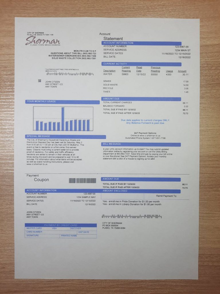 Realistic Texas Sherman utility bill photo on desk