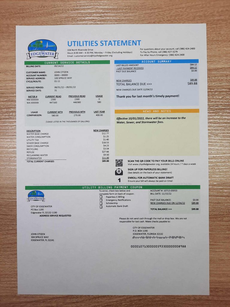 Edgewater Florida utility bill example for address verification