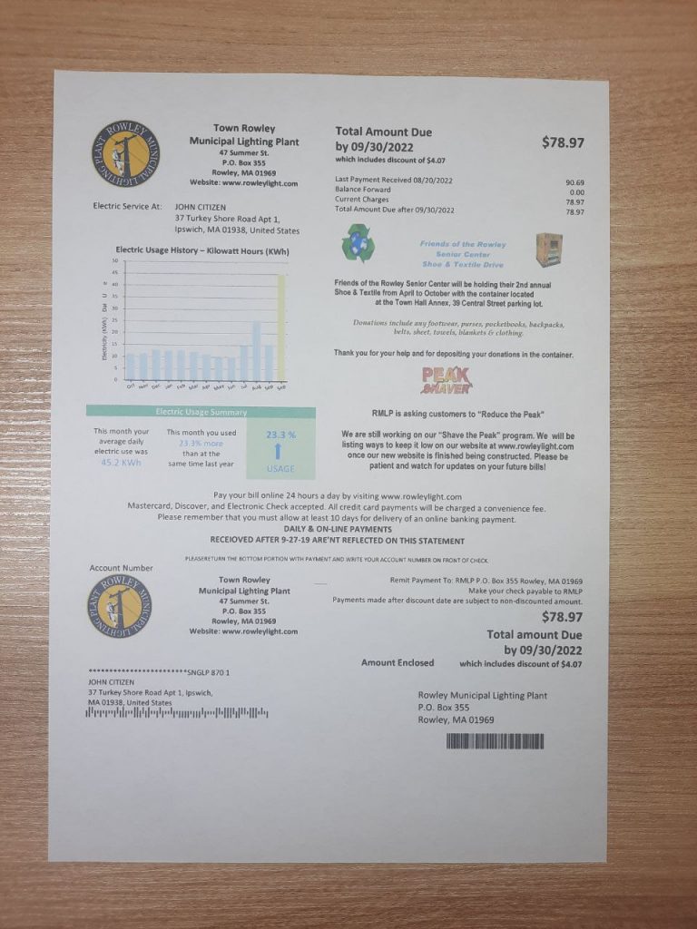 Massachusetts Rowley Lighting billing layout printed and photographed