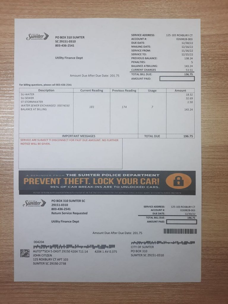 High-resolution Sumter utility bill for documentation