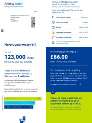 Editable Water bill template – UK Affinity sample in PDF