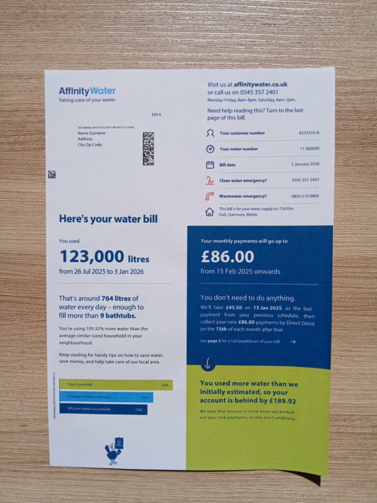 Printed UK Affinity Water utility bill – real photo for document verification