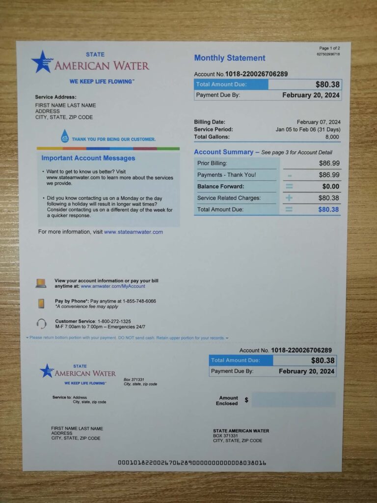 Illinois American Water billing statement image on wood surface